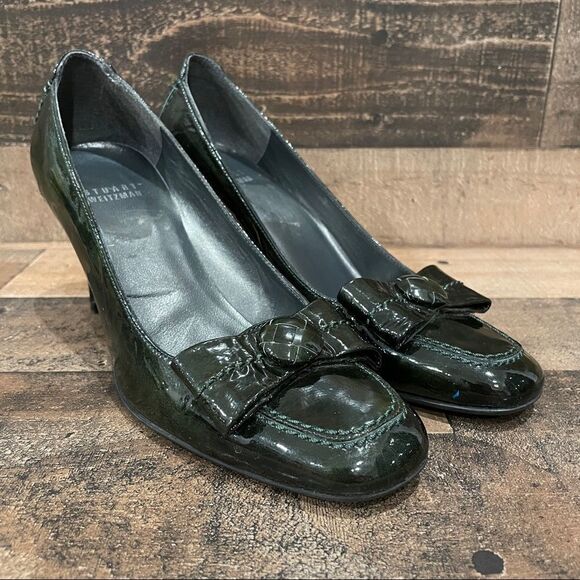Stuart Weitzman Chesterfield Dark Green Patent Leather Heels With Bows Size 6 - Picture 2 of 11